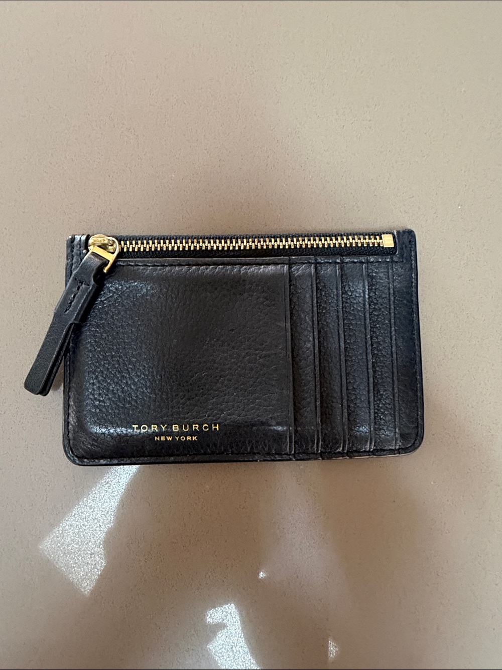 Tory Burch Black Leather Zip Card Holder with Gold Hardware